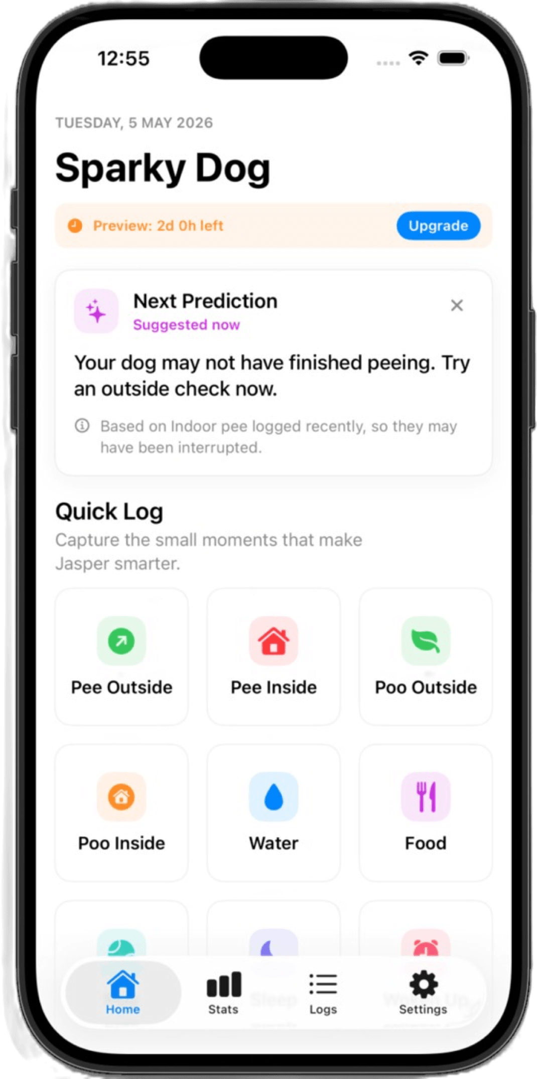 Jasper app screen showing quick logging and next potty prediction